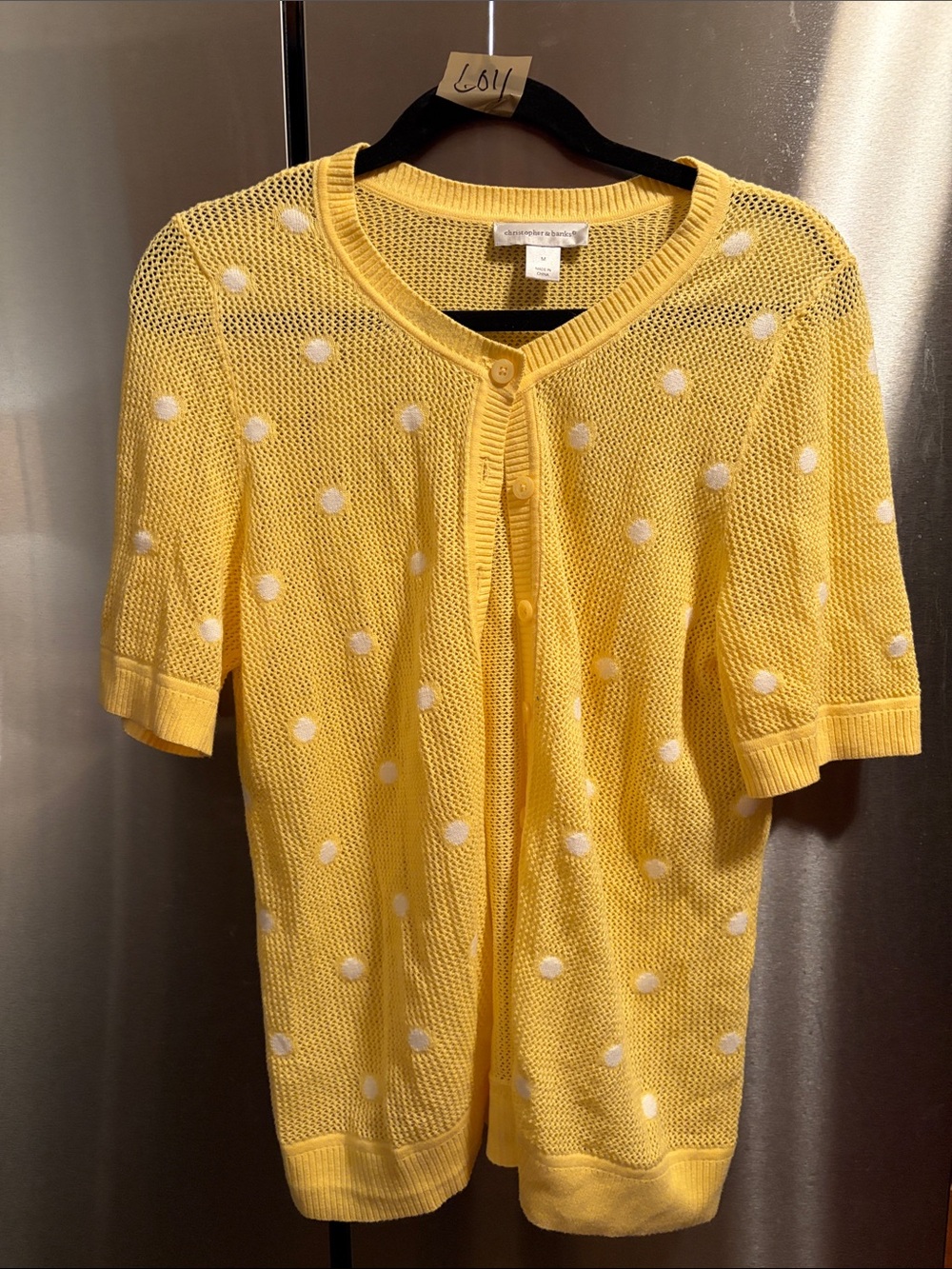 Christopher & Banks Yellow Knit Polka Dot Short Sleeve Cardigan